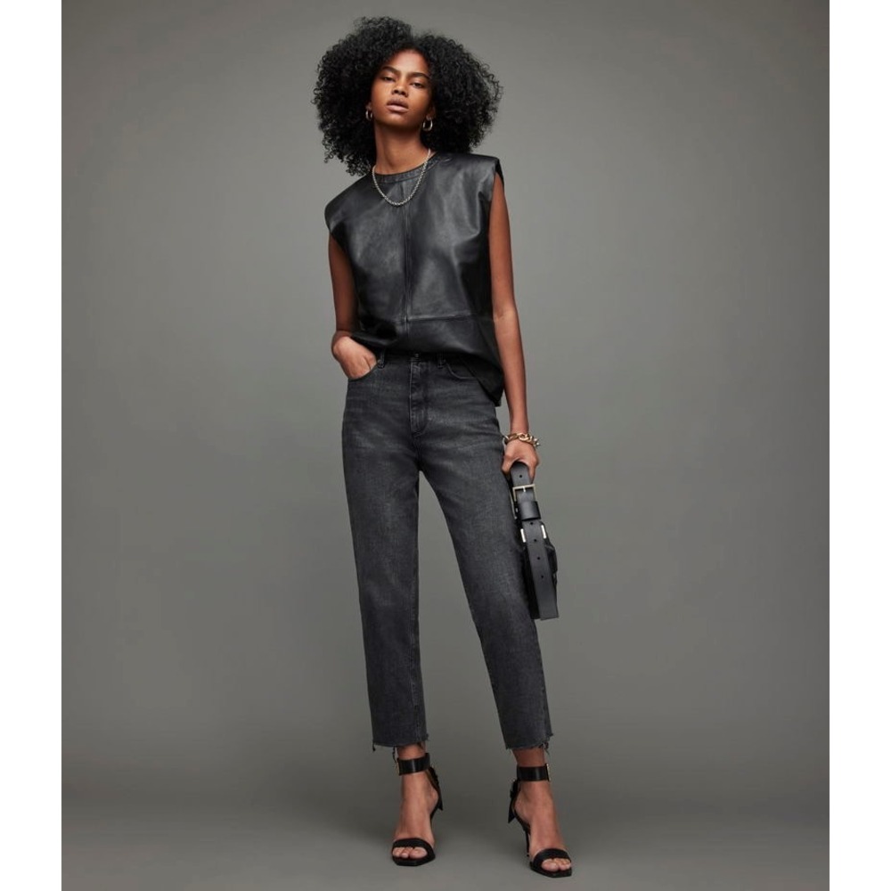 AllSaints Rali High Rise Straight Leg Jeans Washed Black Raw Hem W25